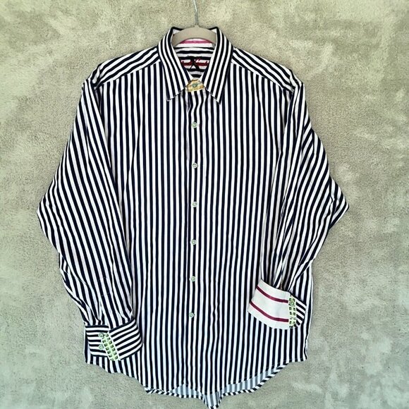Robert Graham Other - Robert Graham L Shirt Mens Large Navy Blue Striped Pink Flip Cuff Green Trim 100